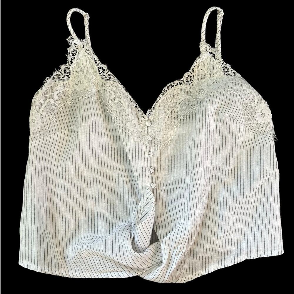 ASTR the Label Pinstripe Dainty Lace Tank Top White Cropped Tie Front Size Small